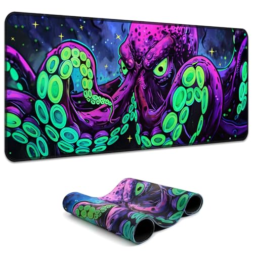 Simpkeely Blacklight Octopus Gaming Mouse Pad – UV Reactive Kraken Tentacles Desk Mat, Neon Glow in the Dark Waterproof Extended Mousepad with Non-Slip Rubber Base for Office & Home – 31.5" x 11.8" - color: Octopus