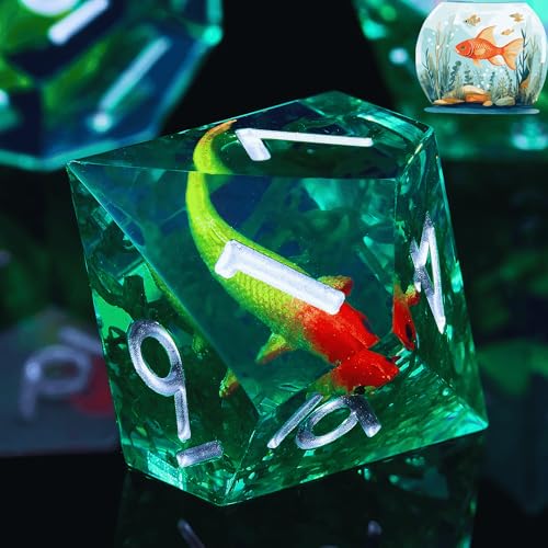Moss and Koi Fish DND Dice Set - 7Pcs Sharp Edge Resin Polyhedral Game Dice for D&D RPG - Includes D20, D12, D10, D8, D6, D4 - Moss Agate Fish Design(Green) - color: Green
