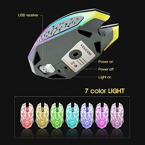 VEGCOO Wireless Gaming Mouse, Rechargeable Gaming Mouse, Silent Optical Mice with 2.4G USB Receiver, 3 Level DPI, 6 Buttons, 7 Colors LED Lights for PC/Mac Gamer, Laptop and Desktop - color: white