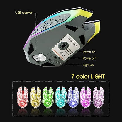 VEGCOO Wireless Gaming Mouse, Rechargeable Gaming Mouse, Silent Optical Mice with 2.4G USB Receiver, 3 Level DPI, 6 Buttons, 7 Colors LED Lights for PC/Mac Gamer, Laptop and Desktop - color: white
