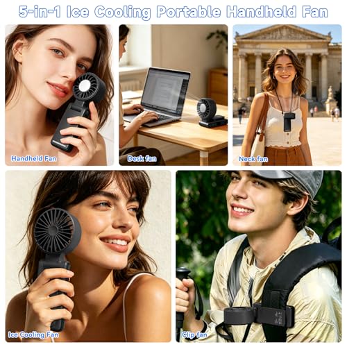 Handheld Portable Turbo Fan with Ice Cooling,5 Speed Rechargeable LED Display Foldable Hand Held Personal Clip/Neck/Waist Fan,180°& 360° Adjustable,Pocket Mini Fan for Outdoor/Home/Office (Black) - color: Black
