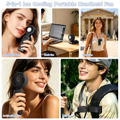 Handheld Portable Turbo Fan with Ice Cooling,5 Speed Rechargeable LED Display Foldable Hand Held Personal Clip/Neck/Waist Fan,180°& 360° Adjustable,Pocket Mini Fan for Outdoor/Home/Office (Black) - color: Black
