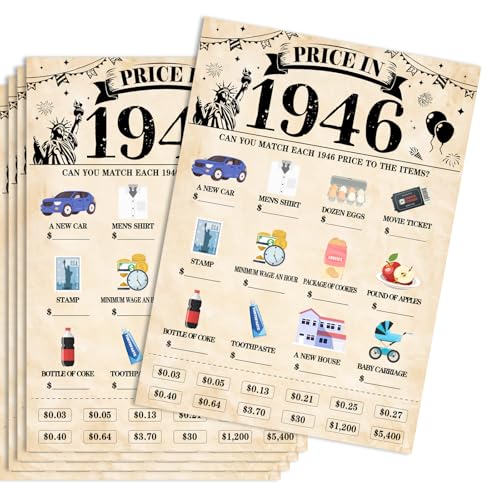 30Pcs 80th Birthday Party Games Price in 1946 Game Fun Back in 1946 Games Double-Sided Game Cards Vintage 80th Birthday Party Supplies for 80 Year Old Woman Man Anniversary Class Reunion Gifts - size: 80-1946, style: Price Game