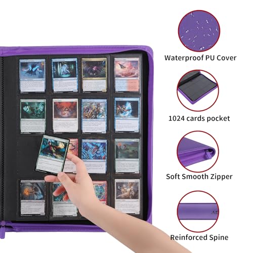 Snekdy premium 1024-pocket trading card binder, 16-pocket cards album, waterproof PU-leather Cover album with side loading, holds gaming, baseball, basketball & sports cards (Purple) - color: Purple