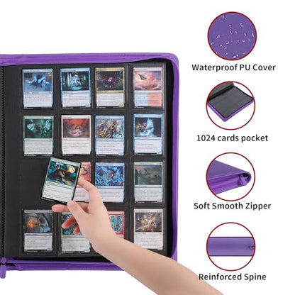 Snekdy premium 1024-pocket trading card binder, 16-pocket cards album, waterproof PU-leather Cover album with side loading, holds gaming, baseball, basketball & sports cards (Purple) - color: Purple
