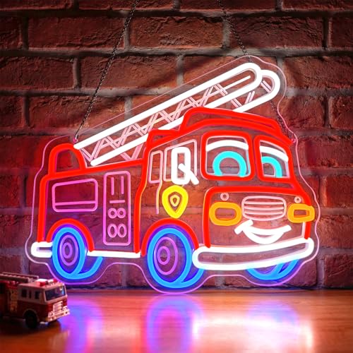 Fire Truck Neon Sign - Cars Wall Decor Night Light for Boys Kids Room, Teen Bedroom, Game Room - Fire Fighter Themed Birthday Gift & Party Decoration for Cartoon Anime Lovers - color: Fire Truck