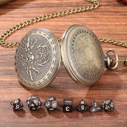 DND Dice Set, 7pcs Small Acrylic Dice with Pocket Watch Case, DND Starter Set, Polyhedral Dice for RPG, Shadowrun, TCG, D&D Accessories, Gifts for Men Women, 3 Head Dragon Design, Brown Dice - color: 3 Dragon Head a