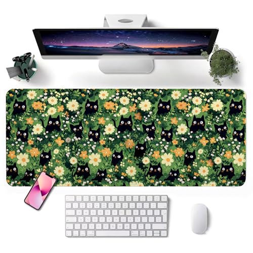 Mouse Pad, Desk Mat, 31.5x11.8in Large Mousepad | Desk Pad with Stitched Edge & Rubber Non-Slip Bottom, Gaming Mouse Pad, Mousepad for Home, Office, Grassland Black Cat - color: Grassland Black Cat