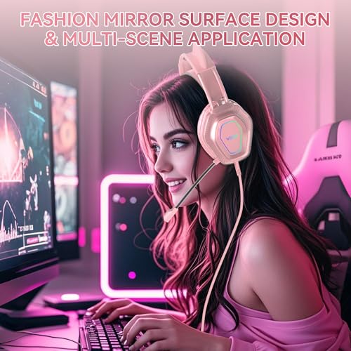 Wantek Cute Cat-Ear Gaming Headset - 50mm Drivers, Noise-Cancelling Mic, 3.5mm Wired Stylish & Lightweight Design (Pink) - color: Pink
