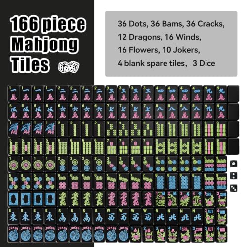 American Mahjong Tile Set, 166 Black Mah jongg Tiles,3 Dice & Bag | 1.2-Inch Engraved Tile, Melamine, Portable Mahjong Sets, for Travel, Family Game Night, and Gifting - color: Black