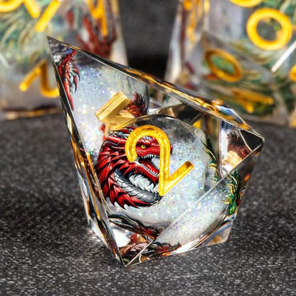 KERWELLSI Liquid Core Dragons Pattern Dice, Resin DND Dice Set with Gift Box, White and Gold Sharp Edged Dungeons D&D Dice, Role Playing Game Dice D20 D12 D10 D8 D6 D4 - color: White and Gold