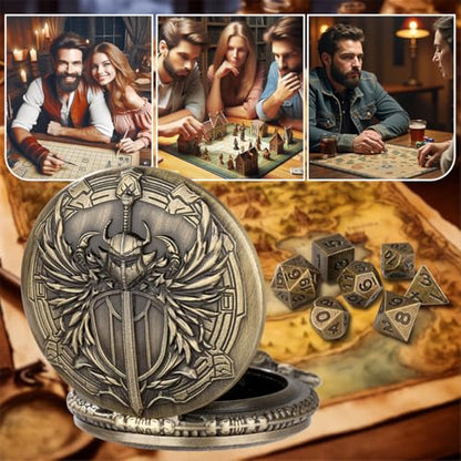 Mini DND Dice Set with Steampunk Paladin Pocket Watch Shell Case, DND Starter Set, 7pcs Polyhedral Mini Metal Dice Set, D&D Gifts with Gift Box, Role Playing Board Game Accessories,Bronze - color: Bronze + Gift Box