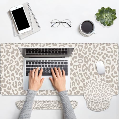 Arttown Keyboard Mouse Pad Set, 4 in 1 Desk Mat Set Leopard Animal | Skin Khaki Large Mousepad+Keyboard Wrist Rest+Mouse Wrist Rest+Coaster Ergonomic Design for Home Office Computer - color: Light Khaki Leopard