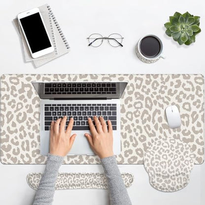 Arttown Keyboard Mouse Pad Set, 4 in 1 Desk Mat Set Leopard Animal | Skin Khaki Large Mousepad+Keyboard Wrist Rest+Mouse Wrist Rest+Coaster Ergonomic Design for Home Office Computer - color: Light Khaki Leopard