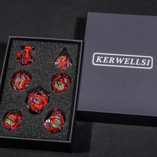 KERWELLSI Liquid Core Dragons Pattern Dice, Resin DND Dice Set with Gift Box, Red Sharp Edged Dungeons D&D Dice, Role Playing Game Dice D20 D12 D10 D8 D6 D4 - color: Red