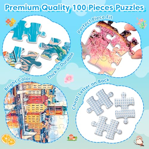 4-Pack 100 Piece Puzzle for Seniors Family Puzzles for Kids Adults | City & Country View - Large Piece Puzzles for Kids Ages 4-6 6-8 8-10 Learning Educational Toys for Boys and Girls - style: City & Country View