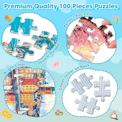 4-Pack 100 Piece Puzzle for Seniors Family Puzzles for Kids Adults | City & Country View - Large Piece Puzzles for Kids Ages 4-6 6-8 8-10 Learning Educational Toys for Boys and Girls - style: City & Country View