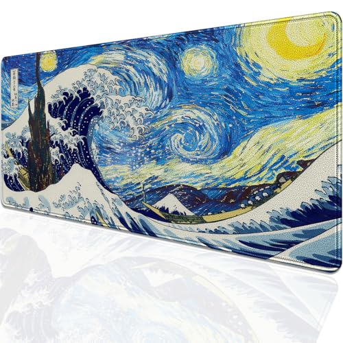 Starry Night & Great Wave Large Mouse Pad, 27.5x11.8in Art Painting Fusion Extended Desk Mat with Stitched Edges, Non-Slip Waterproof Rubber Base for Office, Computer & Laptop - color: Starry Night Waves