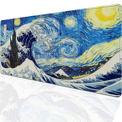 Starry Night & Great Wave Large Mouse Pad, 27.5x11.8in Art Painting Fusion Extended Desk Mat with Stitched Edges, Non-Slip Waterproof Rubber Base for Office, Computer & Laptop - color: Starry Night Waves