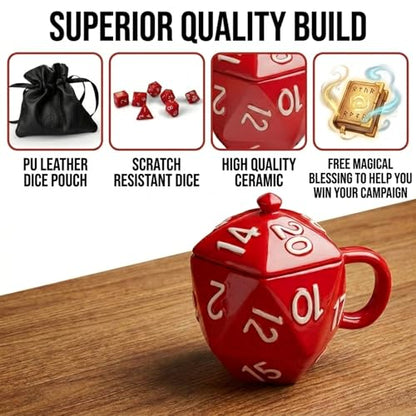 D20 Mug Gift Set by Generix Geek — 7 Red Polyhedral Dice, Ceramic Mug with Lid & Vegan Leather Pouch | DND Dungeons Dragons Tabletop RPG Gift