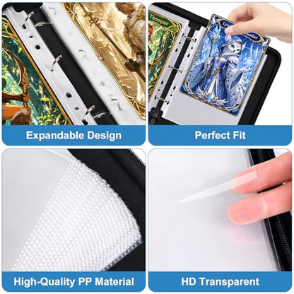 WITHYU Jumbo Card Binder, 5.7 x 7.9 Inch 3-Ring Trading Card Album with Zipper, Holds Oversized Jumbo Cards, 40 Removable Sleeves with 80 Pockets, Waterproof PU Leather Collector Binder, Black - color: 5.7x7.9-black
