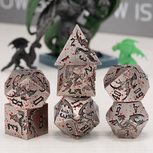 Metallic DND Dragon Dice Set,Metal Sharp Edge Polyhedral Dice with Dragon for Dungeons and Dragons RPG TTRPG D&D 7-Die Set with Gift Case - color: Dragon-ancient Nickel Bloodstain