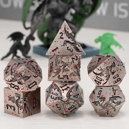 Metallic DND Dragon Dice Set,Metal Sharp Edge Polyhedral Dice with Dragon for Dungeons and Dragons RPG TTRPG D&D 7-Die Set with Gift Case - color: Dragon-ancient Nickel Bloodstain