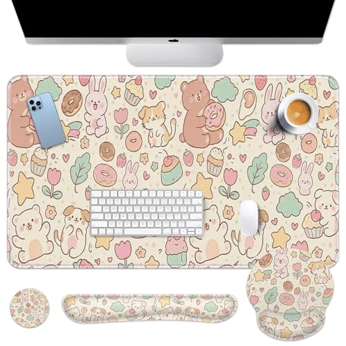 Britimes Kawaii Bunny Bear Keyboard Mouse Pad Set Cartoon Pink 4in1 Large Mousepad+Keyboard Wrist Rest+Mouse Wrist Rest+Coaster Ergonomic Design for Home Office Computer 35.4x15.7 inches - color: Pink Bunny