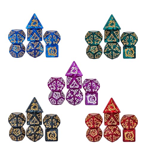 5 Sets/35PCS DND Dice Set Dragon Pattern Polyhedral Die with Leather Bag D&D Dice Set for RPG Table Games - color: 5 Sets Dragon Pattern