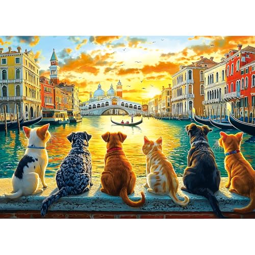 1000 Piece Jigsaw Puzzle for Adults Landscape of Venice with Dogs | Puzzles for Adults 1000 Pieces with Letter Challenging Party Game Gifts Decoration, Dust Free (27.5 x 19.7 Inch) - color: Yellow - Grand Canal Venice