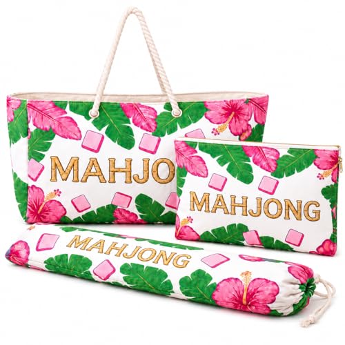 3 Pcs Empty American Mahjong Bags for Tiles and Racks and Mat, Pink Tropical Mahjong Carrying Tote with Zipper Tile Pouch and Rack Sleeve, Thickened Canvas Storage Bag, Case Only - color: Pink Tropical