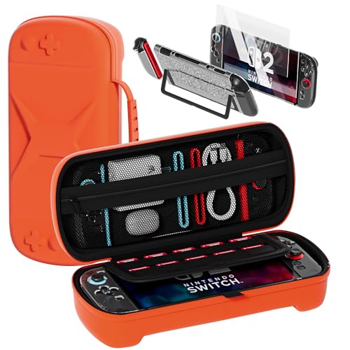QUAGGY Designed for Nintendo Switch 2 (2025), TPU&PC Ultra-Slim Protective Case, Game Card Slots, All In One Carrying Case for Switch 2 Accessories [Bult-in 2 Screen Protector] Orange - color: transparent+orange bag