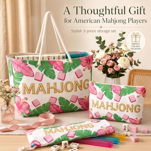 3 Pcs Empty American Mahjong Bags for Tiles and Racks and Mat, Pink Tropical Mahjong Carrying Tote with Zipper Tile Pouch and Rack Sleeve, Thickened Canvas Storage Bag, Case Only - color: Pink Tropical