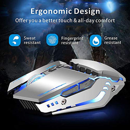 TENMOS T12 Wireless Gaming Mouse Rechargeable, 2.4G Silent Optical Wireless Computer Mice with Changeable LED Light for Laptop PC, 7 Buttons, 3 Adjustable DPI (Silver) | 2.4GHz Optical, 7 Color LED Lights, Quiet Click,Side Buttons,3 Adjustable DPI,Ergonom