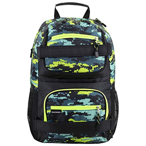 Eastsport Travel Skateboard Backpack Double Strap Laptop Bag Multi-Sport Design for Men and Women, Neon Yellow Blue Static Camo Black - color: Neon Yellow/Blue Static Camo/Black