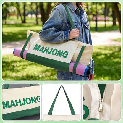 Abbylike 28x9 Inches Mahjong Bag for Rolled Mat Tiles Racks Pushers Accessories Empty Mahjong Tote Bag with Zipper Closure Outer Pockets Lining Large Capacity(Beige&Green,Canvas) - color: Beige&green