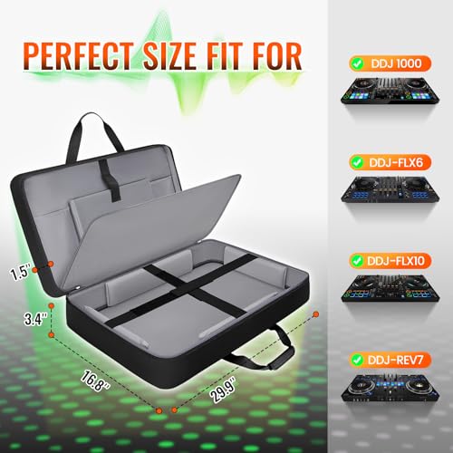 SNIGJAT DJ Controller Case for DDJ FLX10/GRV6/REV5 with Laptop Compartment | Padded Large DJ Controller Bag Fits DDJ REV7/REV5/FLX6/1000, Gig Bag with Multi-Pocket and Adjustable Shoulder Strap - color: Black, style: No Wheels