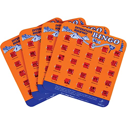 Regal Games Finger-Tip Shutter Bingo Cards with Sliding Windows - Interstate Highway Game Set - Travel Bingo Game for Adults & Kids - Reusable, No Chips & Daubers Needed - 4 Packs - Orange - color: Orange