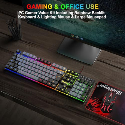 BlueFinger RGB Gaming Keyboard and Backlit Mouse Combo, USB Wired, LED Gaming Set for Laptop PC Computer Game and Work(Black & Gray) - color: Black & Gray
