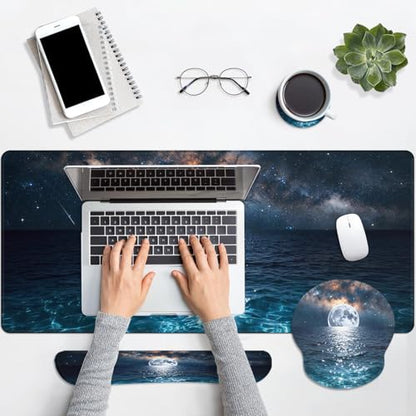 Arttown Keyboard Mouse Pad Set, 4 in 1 Desk Mat Set Seascape Moonlight | Wave Night Romantic Large Mousepad+Keyboard Wrist Rest+Mouse Wrist Rest+Coaster Ergonomic Design for Home Office Computer - color: Moonlight Night