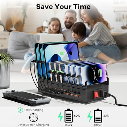 USB~C Charger Block, 300W 22 Port (11 USΒ A & 11 USΒ~C) USB Charging Station for Multiple Devices, Desktop Wall Fast Charger with Storage Dividers, USΒ Power Strip Suitable for Home Office School
