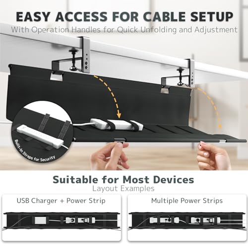 No Drill Under Desk Cable Management Tray - 36" Clamp/Screw Desk Cord Management, Premium Fabric Cable Racyway for Office & Home