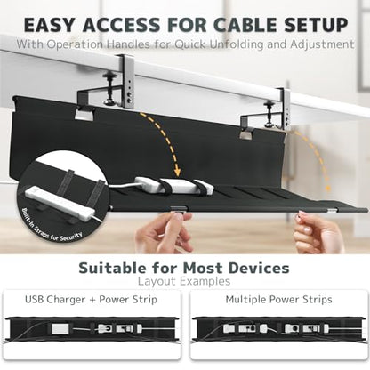 No Drill Under Desk Cable Management Tray - 36" Clamp/Screw Desk Cord Management, Premium Fabric Cable Racyway for Office & Home