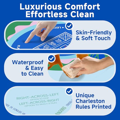 Mahjong Mat 32.3 Inch Non-Slip Waterproof Velvet Noise Reducing Table Mat | No crease, no odor; lightweight PU silicone base, printed game rules, carry bag; for tiles & cards, light blue - color: Light-blue