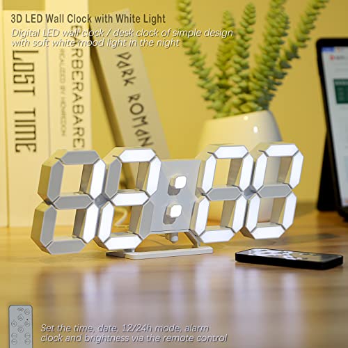KOSUMOSU 3D LED Digital Wall Clock ,9.7", Large Display Table/ Desk Clock with Remote Control 12/24H Temperature (White Light) - color: 9.7in Clock-white Light