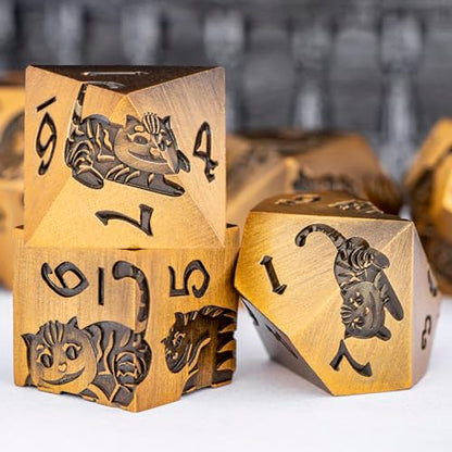Metal DND Cat Dice Polyhedral RPG Dice Set with Gift Case for Dungeons Dragons Role Playing Game, 7PCS D and D Dice D6 D8 D10 D12 D20 D% (Antique Gold) - color: Cat-gold