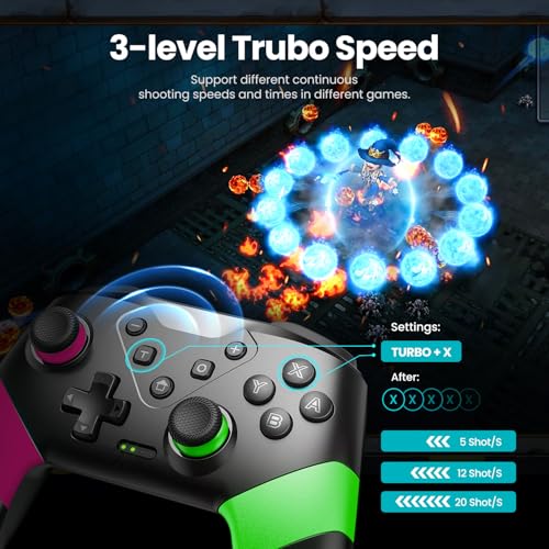 VOYEE Switch Controllers Compatible with Switch/Lite/OLED, Programming Wireless Pro Controller with Motion Control, Vibration, Wake-up, Turbo, Screenshot - color: Pink+Green