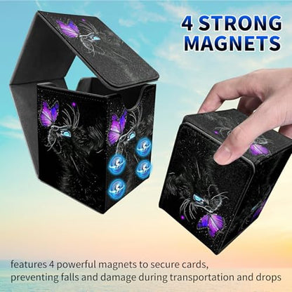 Butterfly Black Cat Deck Box - MTG Commander Case for 100+ Sleeved Trading Cards - PU Leather Magnetic Storage Box for TCG CCG Magic Cards - color: Card Deck Box-576