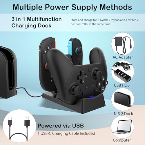 Controller Charger for Nintendo Switch 2 Pro/Joycon, Switch 2 Pro Charging Dock for Joy-Cons, 3 in 1 Charger for Joy-con 2 with LED Indicator and Charger Cable