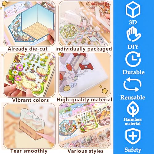 DIY 3D Sticker Scene,8 Sets Pack(500+),Reusable Sticker Book | Cute Sets for Free Combination, Cute Waterproof for Anywhere, Crafts Party Favors Birthday Gift - style: L 3-in-1 8P